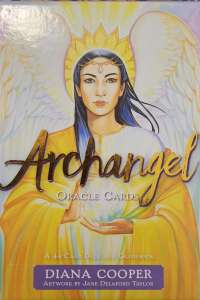 Archangel oracle card deck Dianna Cooper. Female archangel in yellow with gold text.